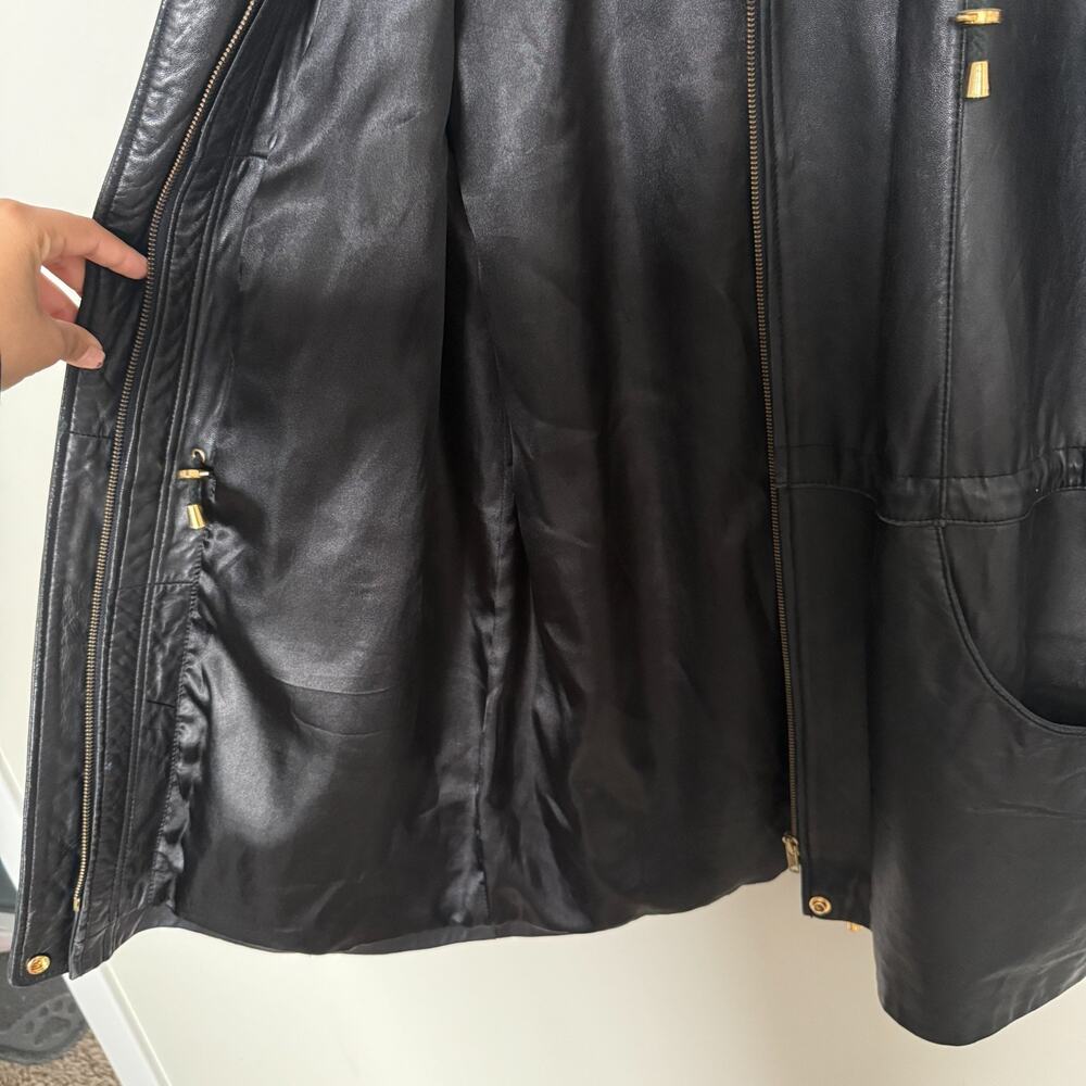 Worthington Womens Genuine Leather Coat Large Black Hooded Faux Fur Trim Luxury - Picture 13 of 16